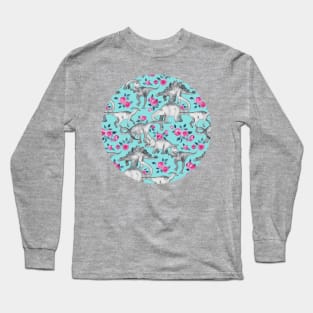 Dinosaurs and Roses – turquoise blue Long Sleeve T-Shirt